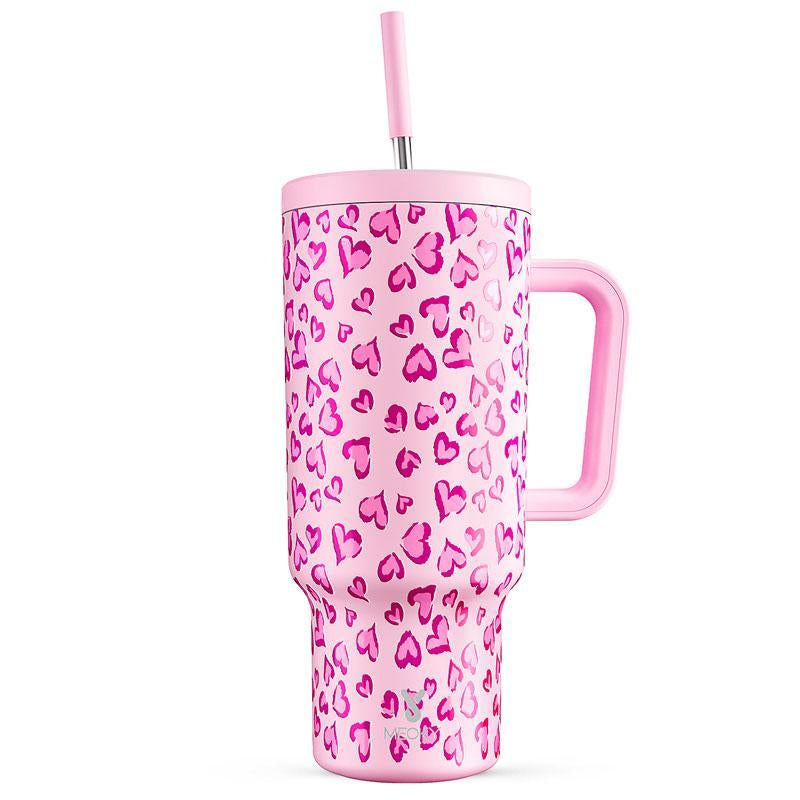 【Meoky】40Oz Classic Straw Handle Cup, Multi-Grid Ice Cube Mold, Leak-Proof Cup Lid, Silicone Handle, Non-Slip Noise Reduction Pad at the Bottom, Stainless Steel Thermos Cup, Wide Mouth and Narrow Bottom, Valentine'S Day Gift, Tumbler Cups