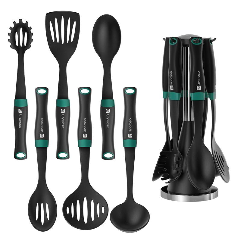 Nylon Cooking Utensils Set,Linoroso 7 Pieces Elevate Kitchen Utensil Set with Exquisite Rotating Stand, Innovative Weighted Handle, Easy to Clean, Black & Peacock Green (BPA Free, Non Toxic) Spoon Spatula Turner Ladle Skimmer Sturdy