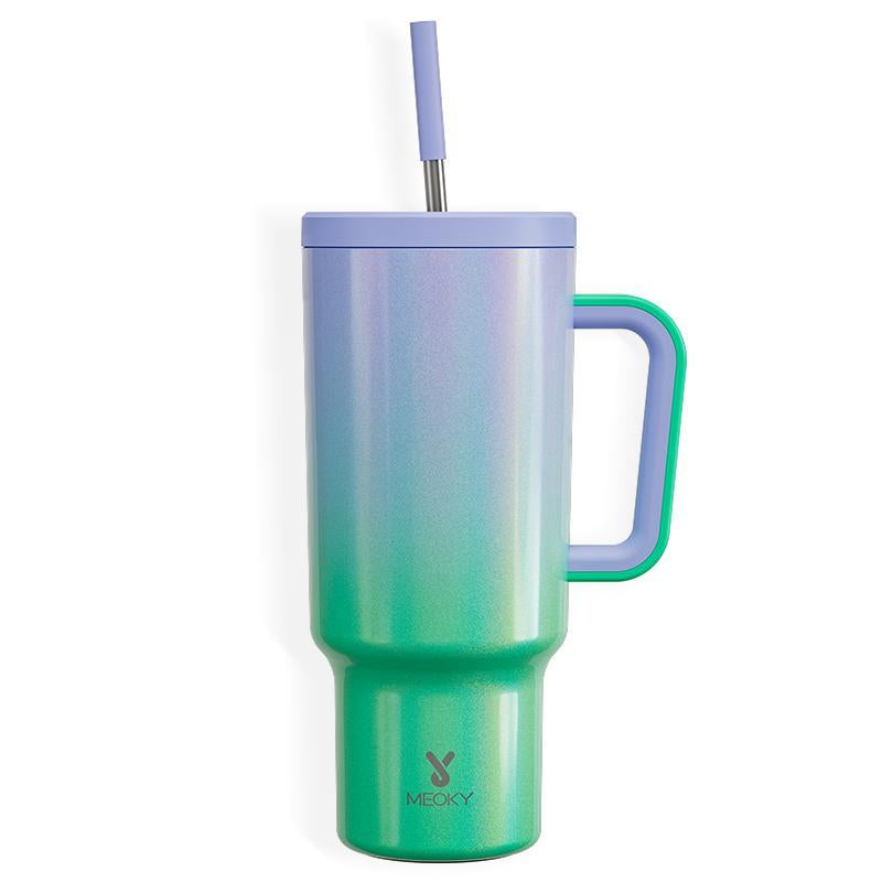 【Meoky】40Oz Classic Straw Handle Cup, Multi-Grid Ice Cube Mold, Leak-Proof Cup Lid, Silicone Handle, Non-Slip Noise Reduction Pad at the Bottom, Stainless Steel Thermos Cup, Wide Mouth and Narrow Bottom, Valentine'S Day Gift, Tumbler Cups