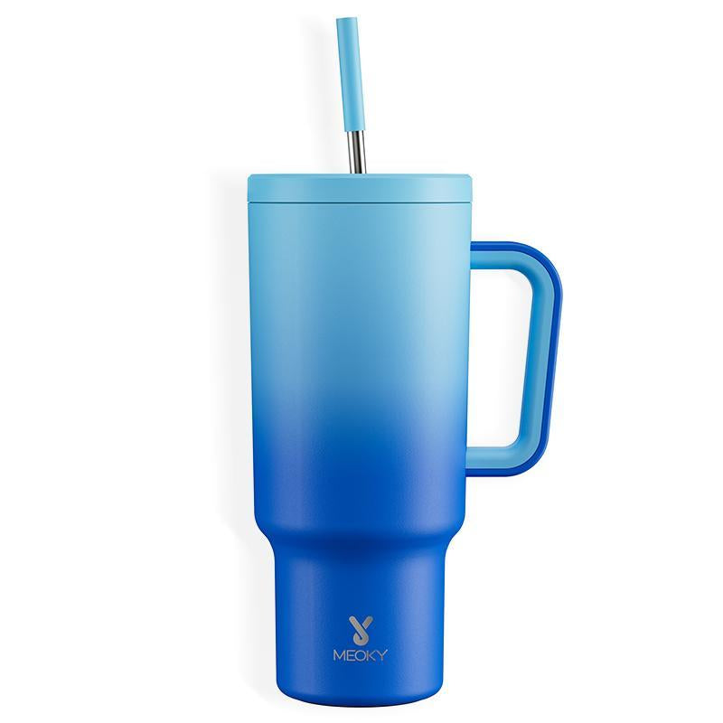 【Meoky】40Oz Classic Straw Handle Cup, Multi-Grid Ice Cube Mold, Leak-Proof Cup Lid, Silicone Handle, Non-Slip Noise Reduction Pad at the Bottom, Stainless Steel Thermos Cup, Wide Mouth and Narrow Bottom, Valentine'S Day Gift, Tumbler Cups