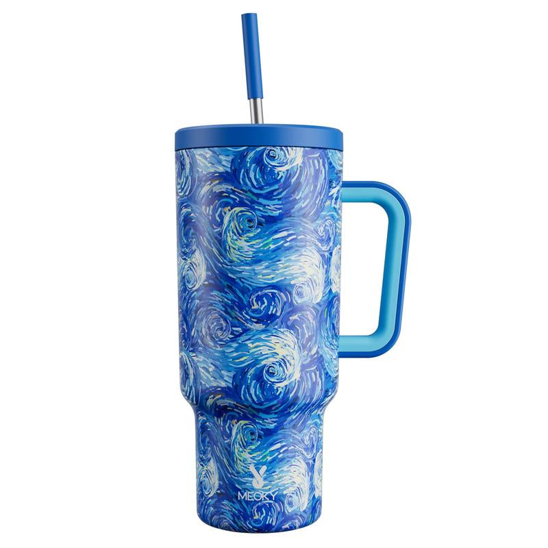 【Meoky】40Oz Classic Straw Handle Cup, Multi-Grid Ice Cube Mold, Leak-Proof Cup Lid, Silicone Handle, Non-Slip Noise Reduction Pad at the Bottom, Stainless Steel Thermos Cup, Wide Mouth and Narrow Bottom, Valentine'S Day Gift, Tumbler Cups