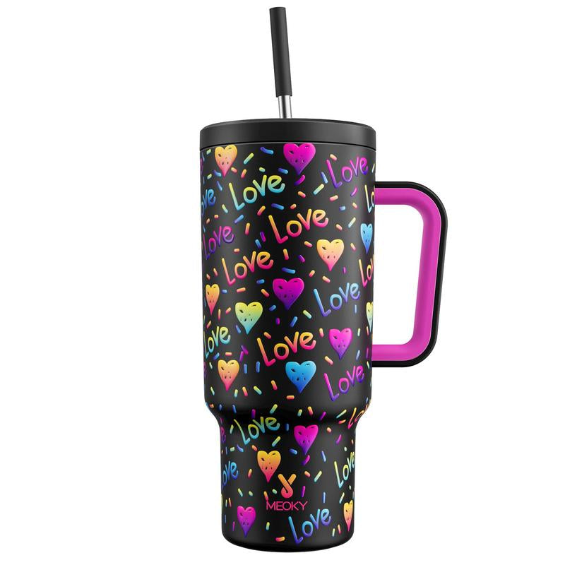 40Oz Patterned Straw Handle Cup, 1 Count Multi-Grid Ice Cube & Leak-Proof Cup Lid with Silicone Handle, Insulated Wide Mouth and Narrow Bottom for Easy Cleaning and Car Loading