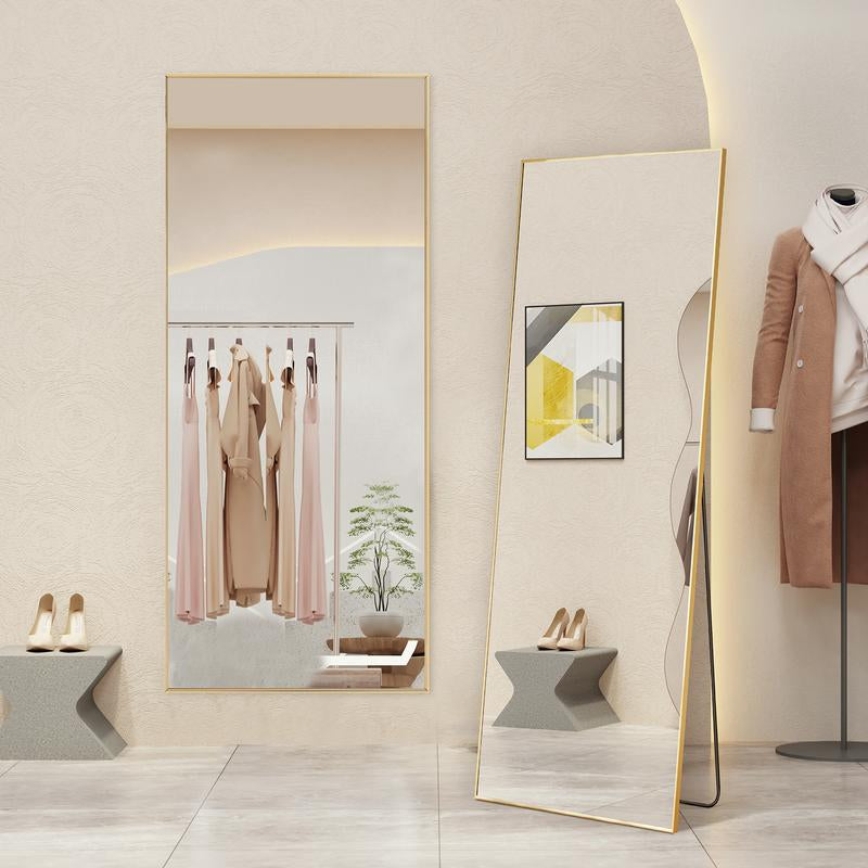 Full Length Mirror, Floor Standing Mirror with Stand, Wall Aluminum Alloy Thin Frame Hanging or Leaning for Living Room Bedroom Cloakroom Decorating
