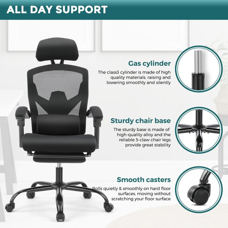 【Back to School】Sweet Furniture Ergonomic Office Chair with Foot Rest and Adjustable Headrest, Mesh Swivel Rolling Task Chair, Height Adjustable, Office Gifts