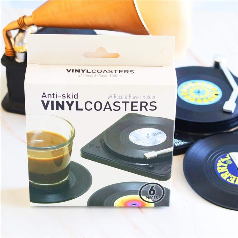 6Pcs Funny Retro Record Coasters for Drinks with Vinyl Player Holder for Music Lovers Stylish Tableware