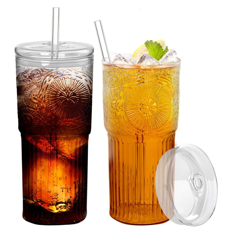 2 Packs 20Oz Glass Tumblers Set with Lids and Glass Straws Drinkware, Ice Coffee Cups, Bottles, Cup and Mug for Juices and Milk, Holiday Gifts