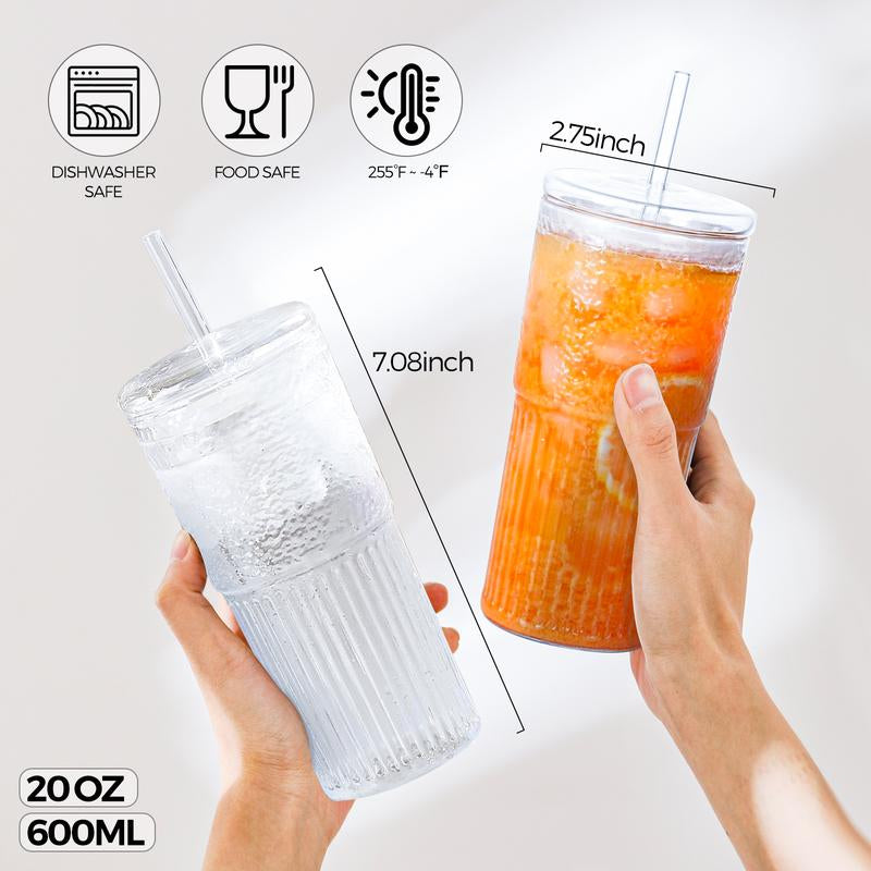 2 Packs 20Oz Glass Tumblers Set with Lids and Glass Straws Drinkware, Ice Coffee Cups, Bottles, Cup and Mug for Juices and Milk, Holiday Gifts