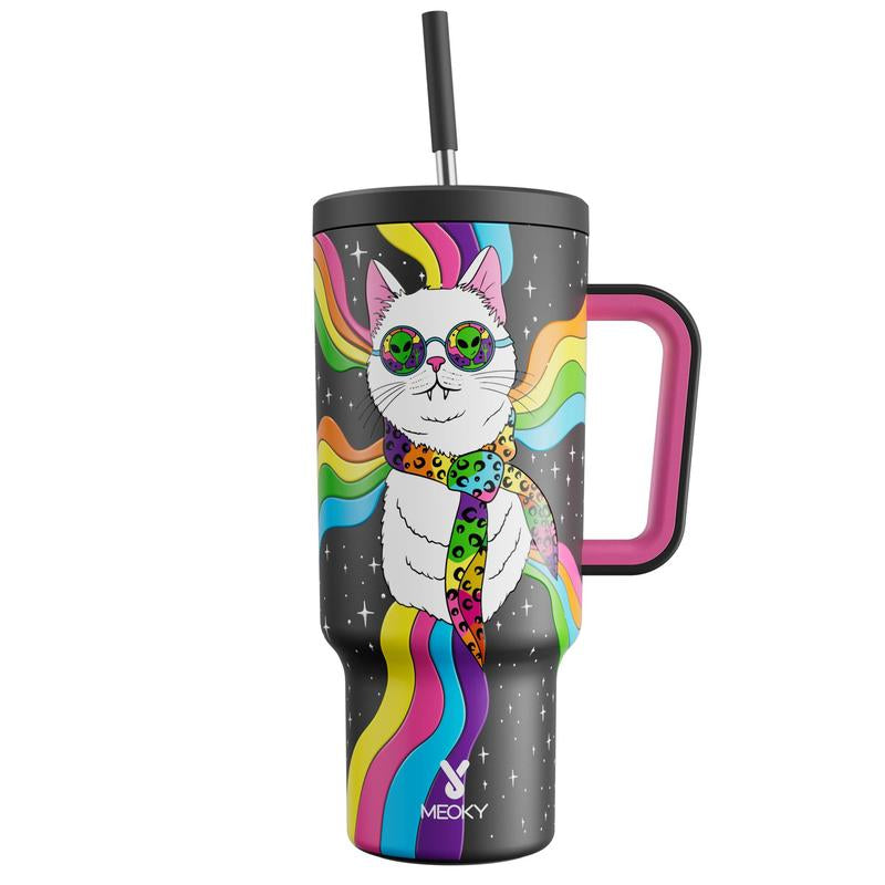 40Oz Patterned Straw Handle Cup, 1 Count Multi-Grid Ice Cube & Leak-Proof Cup Lid with Silicone Handle, Insulated Wide Mouth and Narrow Bottom for Easy Cleaning and Car Loading