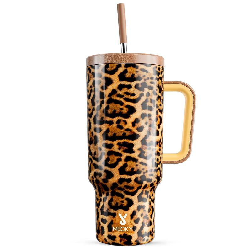 40Oz Patterned Straw Handle Cup, 1 Count Multi-Grid Ice Cube & Leak-Proof Cup Lid with Silicone Handle, Insulated Wide Mouth and Narrow Bottom for Easy Cleaning and Car Loading