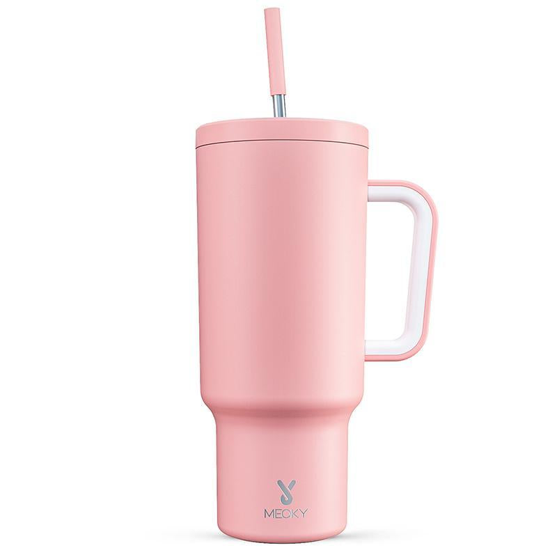 【Meoky】40Oz Classic Straw Handle Cup, Multi-Grid Ice Cube Mold, Leak-Proof Cup Lid, Silicone Handle, Non-Slip Noise Reduction Pad at the Bottom, Stainless Steel Thermos Cup, Wide Mouth and Narrow Bottom, Valentine'S Day Gift, Tumbler Cups