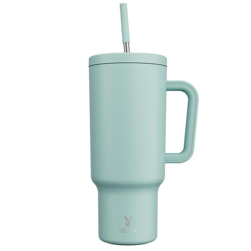 【Meoky】40Oz Classic Straw Handle Cup, Multi-Grid Ice Cube Mold, Leak-Proof Cup Lid, Silicone Handle, Non-Slip Noise Reduction Pad at the Bottom, Stainless Steel Thermos Cup, Wide Mouth and Narrow Bottom, Valentine'S Day Gift, Tumbler Cups