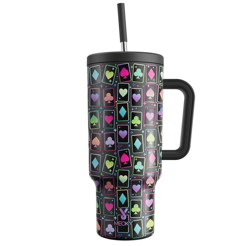 40Oz Patterned Straw Handle Cup, 1 Count Multi-Grid Ice Cube & Leak-Proof Cup Lid with Silicone Handle, Insulated Wide Mouth and Narrow Bottom for Easy Cleaning and Car Loading
