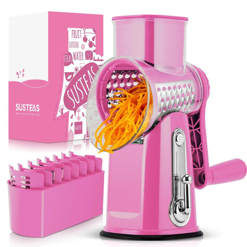 SUSTEAS Rotary Cheese Grater with Handle, 5 Well-Designed Blades, Strong Suction Cup Base, Kitchen Utensils