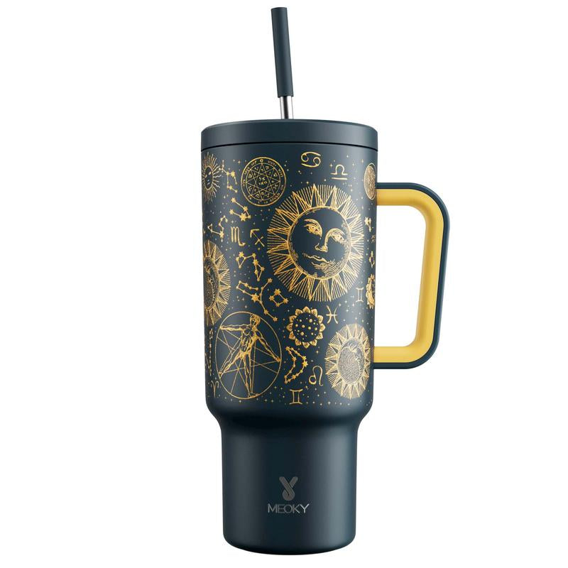 40Oz Patterned Straw Handle Cup, 1 Count Multi-Grid Ice Cube & Leak-Proof Cup Lid with Silicone Handle, Insulated Wide Mouth and Narrow Bottom for Easy Cleaning and Car Loading