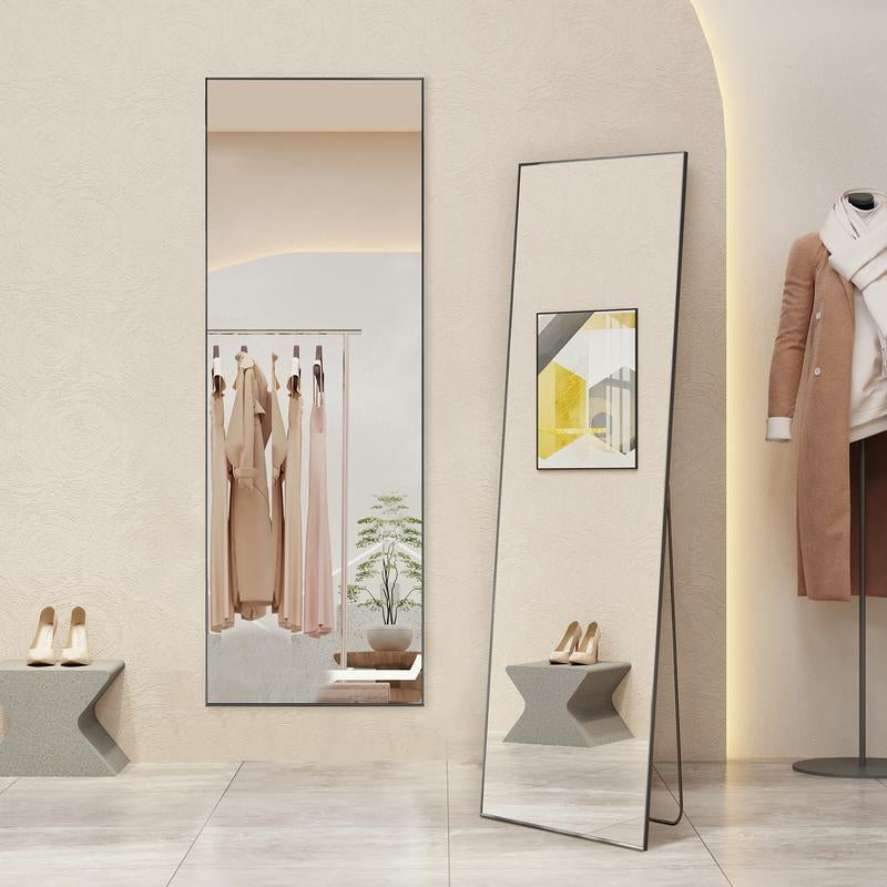 Full Length Mirror, Floor Standing Mirror with Stand, Wall Aluminum Alloy Thin Frame Hanging or Leaning for Living Room Bedroom Cloakroom Decorating