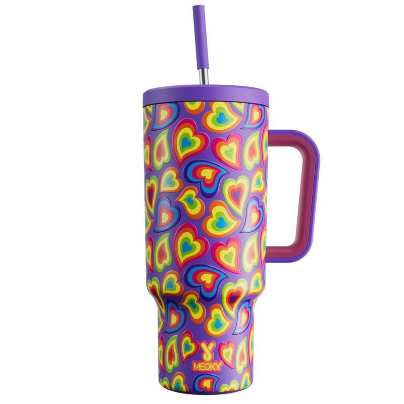 40Oz Patterned Straw Handle Cup, 1 Count Multi-Grid Ice Cube & Leak-Proof Cup Lid with Silicone Handle, Insulated Wide Mouth and Narrow Bottom for Easy Cleaning and Car Loading