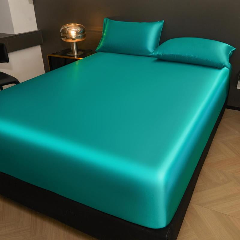 Solid Color Fitted Sheet & Pillowcase Set, Satin Bed Sheets, Silky Fitted Sheet Soft Comfortable Bedding Set for Bedroom & Hotel