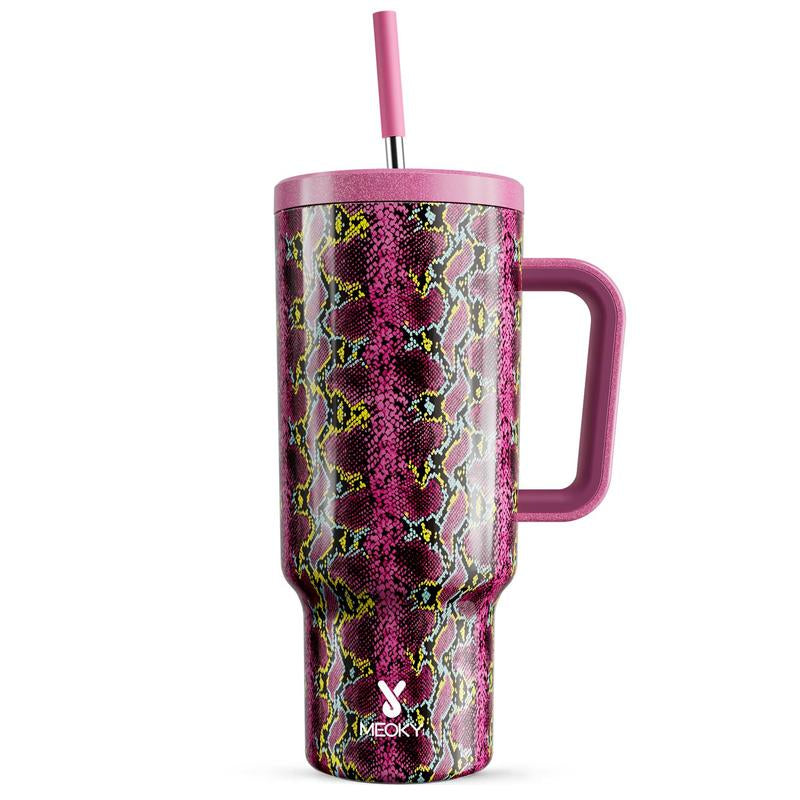 40Oz Patterned Straw Handle Cup, 1 Count Multi-Grid Ice Cube & Leak-Proof Cup Lid with Silicone Handle, Insulated Wide Mouth and Narrow Bottom for Easy Cleaning and Car Loading