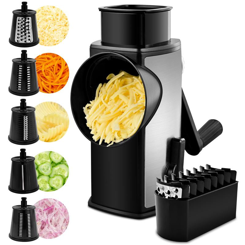 SUSTEAS Rotary Cheese Grater with Handle, 5 Well-Designed Blades, Strong Suction Cup Base, Kitchen Utensils