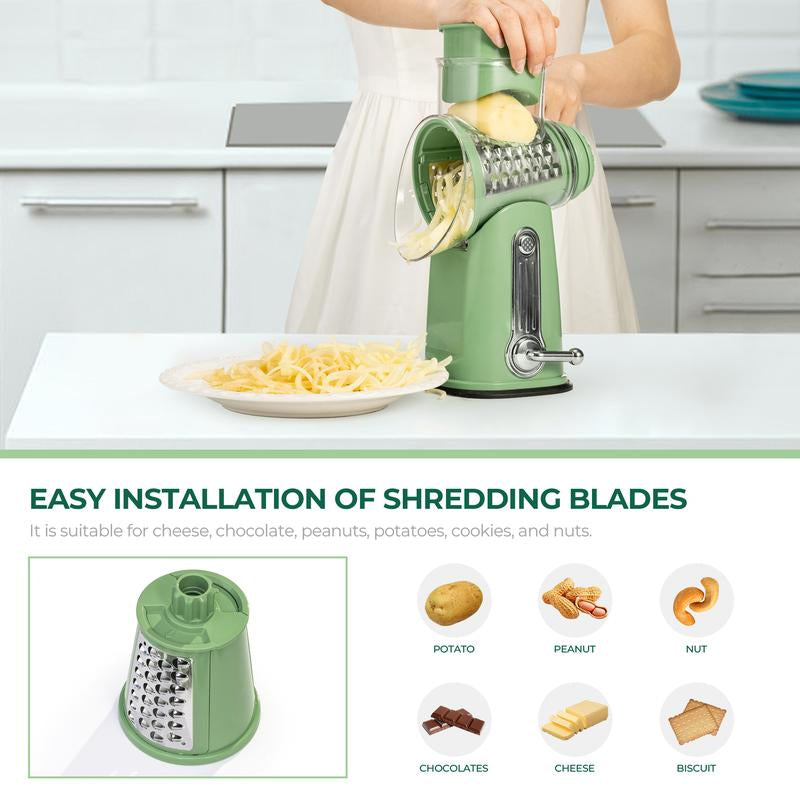 SUSTEAS Rotary Cheese Grater with Handle, 5 Well-Designed Blades, Strong Suction Cup Base, Kitchen Utensils