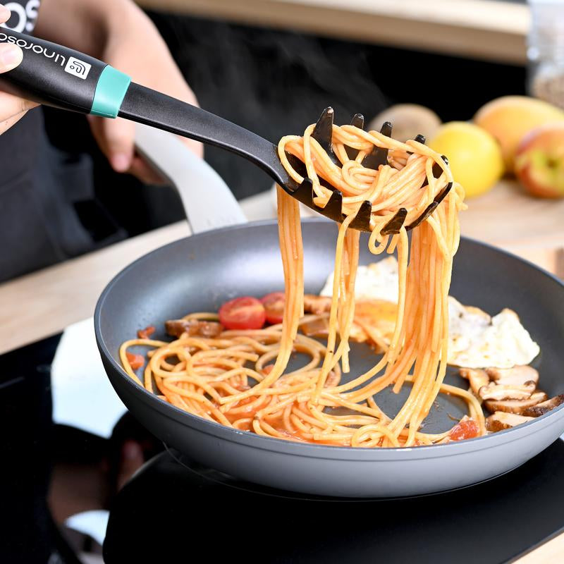 Nylon Cooking Utensils Set,Linoroso 7 Pieces Elevate Kitchen Utensil Set with Exquisite Rotating Stand, Innovative Weighted Handle, Easy to Clean, Black & Peacock Green (BPA Free, Non Toxic) Spoon Spatula Turner Ladle Skimmer Sturdy