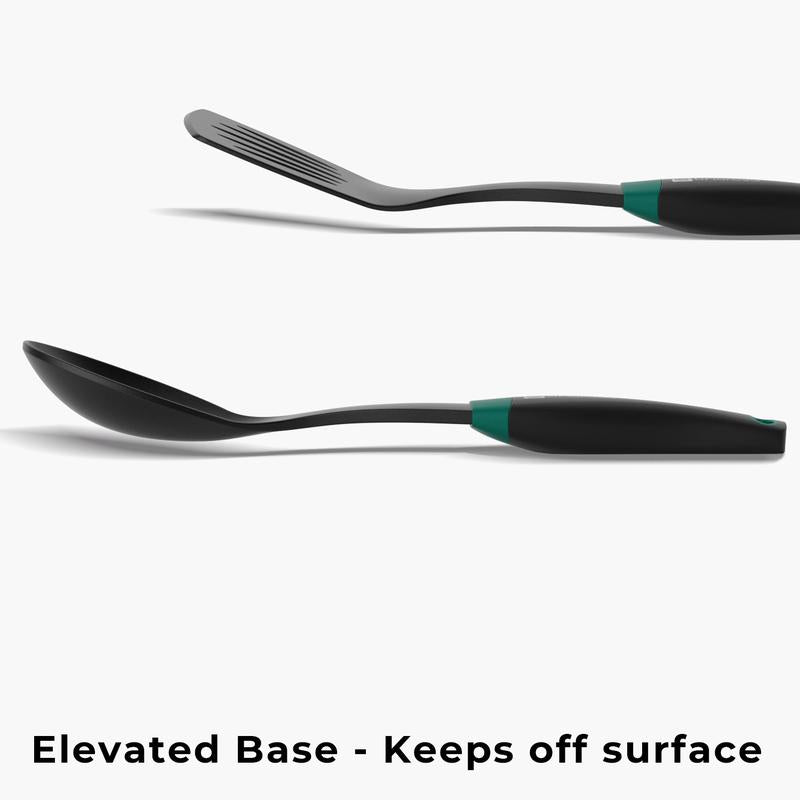Nylon Cooking Utensils Set,Linoroso 7 Pieces Elevate Kitchen Utensil Set with Exquisite Rotating Stand, Innovative Weighted Handle, Easy to Clean, Black & Peacock Green (BPA Free, Non Toxic) Spoon Spatula Turner Ladle Skimmer Sturdy