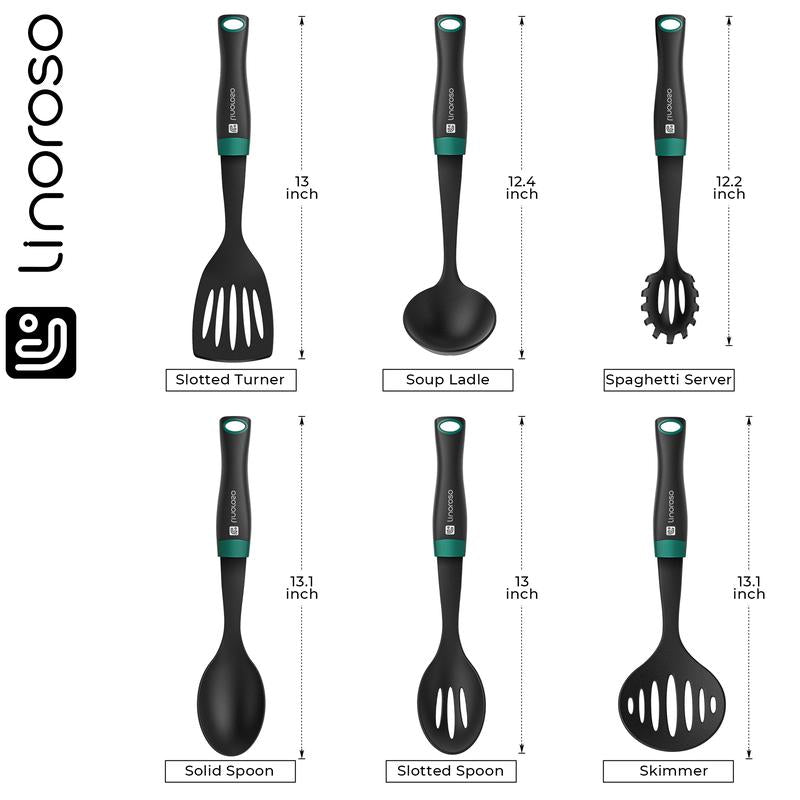 Nylon Cooking Utensils Set,Linoroso 7 Pieces Elevate Kitchen Utensil Set with Exquisite Rotating Stand, Innovative Weighted Handle, Easy to Clean, Black & Peacock Green (BPA Free, Non Toxic) Spoon Spatula Turner Ladle Skimmer Sturdy