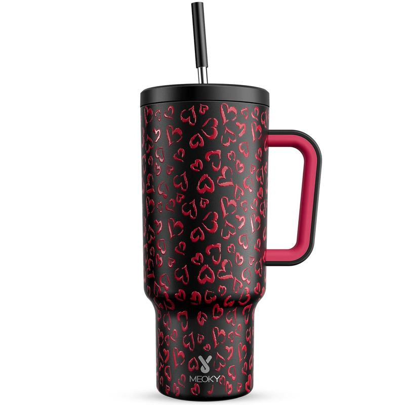 【Meoky】40Oz Classic Straw Handle Cup, Multi-Grid Ice Cube Mold, Leak-Proof Cup Lid, Silicone Handle, Non-Slip Noise Reduction Pad at the Bottom, Stainless Steel Thermos Cup, Wide Mouth and Narrow Bottom, Valentine'S Day Gift, Tumbler Cups
