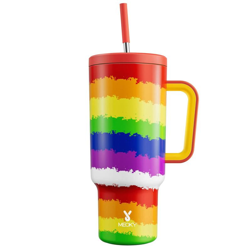 40Oz Patterned Straw Handle Cup, 1 Count Multi-Grid Ice Cube & Leak-Proof Cup Lid with Silicone Handle, Insulated Wide Mouth and Narrow Bottom for Easy Cleaning and Car Loading