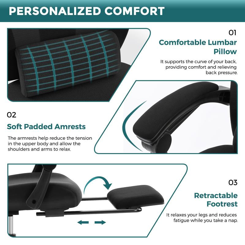 【Back to School】Sweet Furniture Ergonomic Office Chair with Foot Rest and Adjustable Headrest, Mesh Swivel Rolling Task Chair, Height Adjustable, Office Gifts