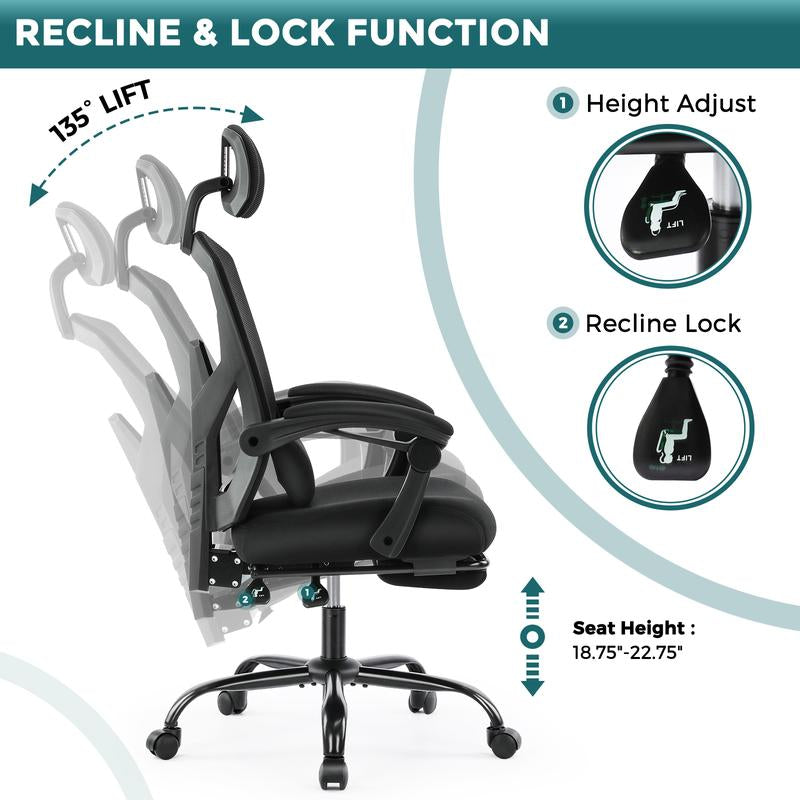 【Back to School】Sweet Furniture Ergonomic Office Chair with Foot Rest and Adjustable Headrest, Mesh Swivel Rolling Task Chair, Height Adjustable, Office Gifts