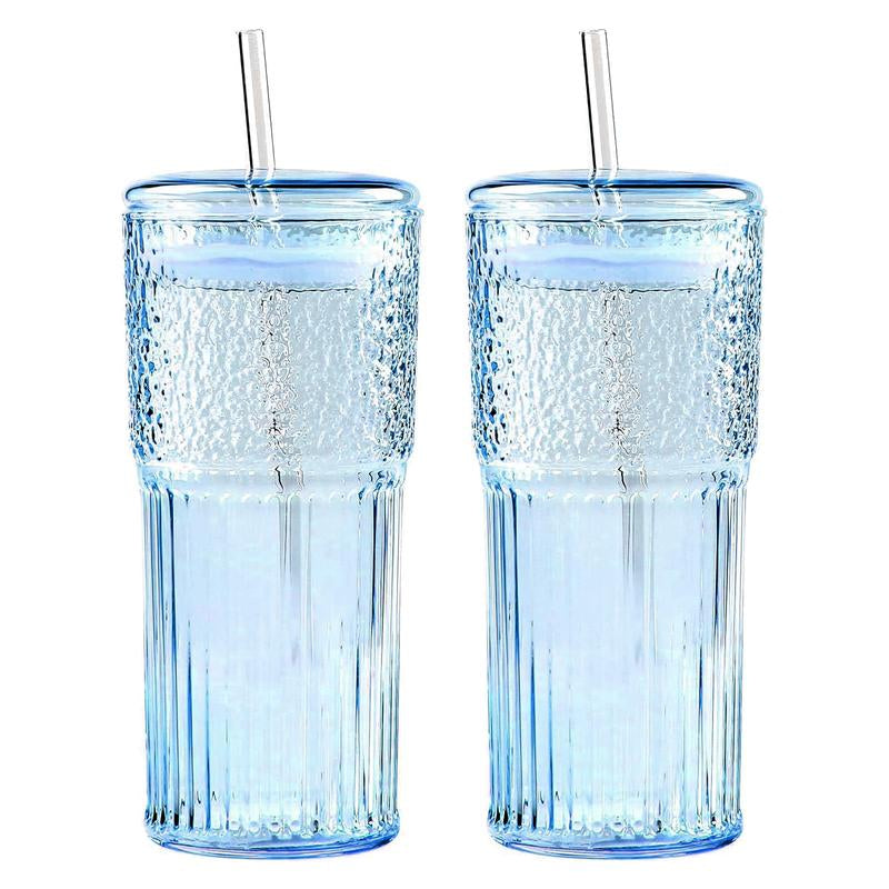 2 Packs 20Oz Glass Tumblers Set with Lids and Glass Straws Drinkware, Ice Coffee Cups, Bottles, Cup and Mug for Juices and Milk, Holiday Gifts