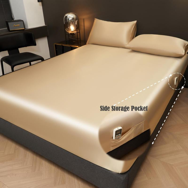 Solid Color Fitted Sheet & Pillowcase Set, Satin Bed Sheets, Silky Fitted Sheet Soft Comfortable Bedding Set for Bedroom & Hotel