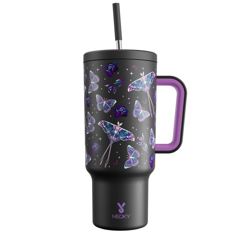 40Oz Patterned Straw Handle Cup, 1 Count Multi-Grid Ice Cube & Leak-Proof Cup Lid with Silicone Handle, Insulated Wide Mouth and Narrow Bottom for Easy Cleaning and Car Loading
