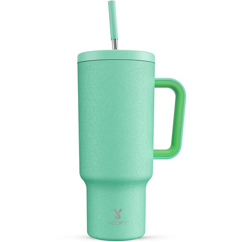 【Meoky】40Oz Classic Straw Handle Cup, Multi-Grid Ice Cube Mold, Leak-Proof Cup Lid, Silicone Handle, Non-Slip Noise Reduction Pad at the Bottom, Stainless Steel Thermos Cup, Wide Mouth and Narrow Bottom, Valentine'S Day Gift, Tumbler Cups