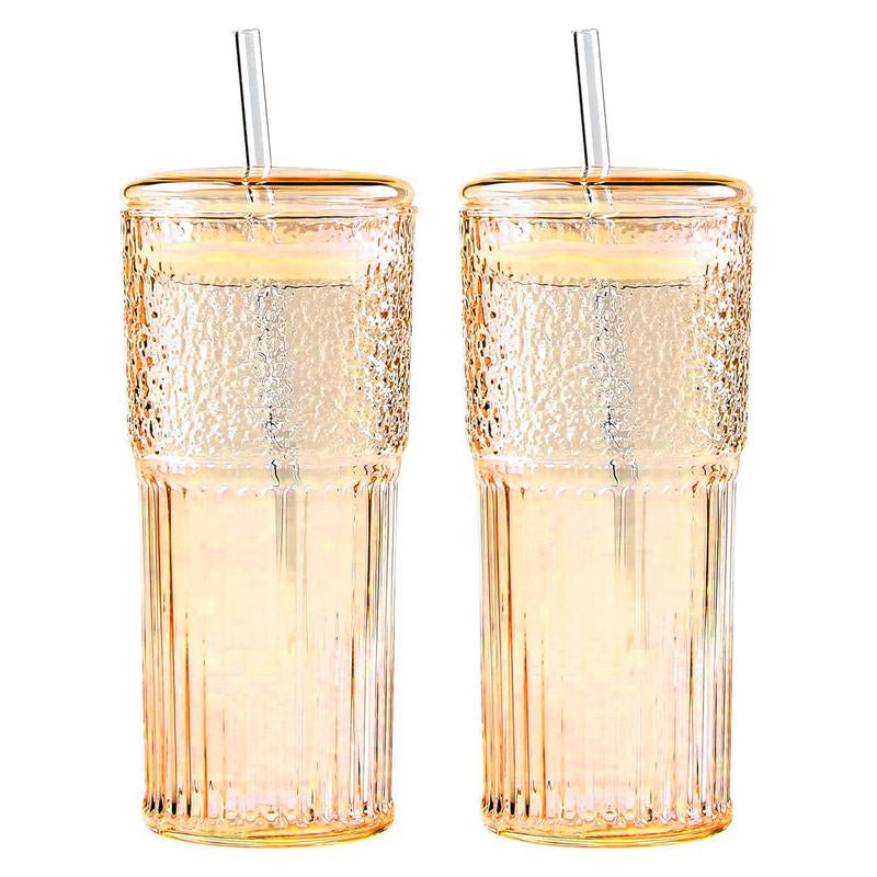 2 Packs 20Oz Glass Tumblers Set with Lids and Glass Straws Drinkware, Ice Coffee Cups, Bottles, Cup and Mug for Juices and Milk, Holiday Gifts