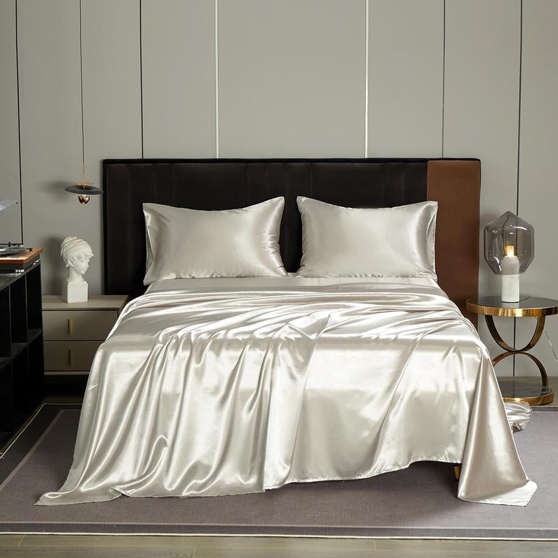Solid Color Satin Bedding Set, 3/4 Counts Luxury Bedroom Microfiber Sheets Includes 1 Flat Sheet, 1 Fitted Sheet, and 1/2 Pillowcase without Filler, Room Accessories Soft Mattress Protector, Silky Fitted Sheet, Breathable Sheets, Bed Sets, Bedset