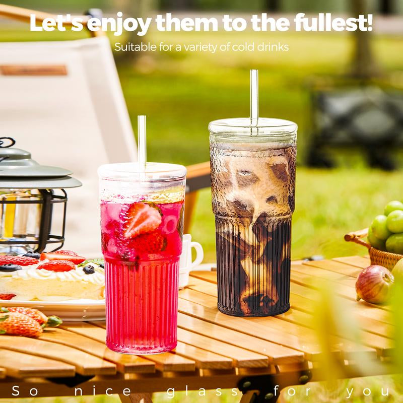2 Packs 20Oz Glass Tumblers Set with Lids and Glass Straws Drinkware, Ice Coffee Cups, Bottles, Cup and Mug for Juices and Milk, Holiday Gifts
