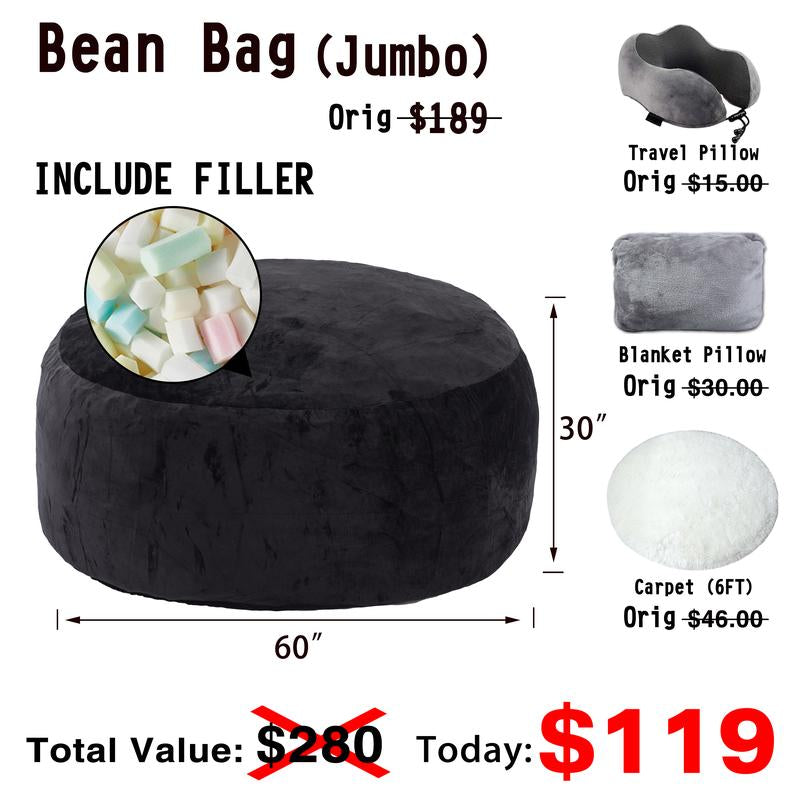 3Ft/4Ft/5'Ft/Jumbo(With Filler) Bean Bag Lazy Sofa Beanbag Chair Ship Free High-Rebound Memory Foam Furniture Flannel Cover Removable
