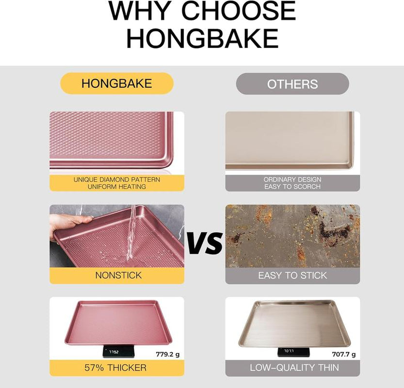 [Dealsforyou]Hongbake Diamond-Texture Baking Sheet Pan Set, Non-Stick Cookie Sheets, Teflon-Free Heavy Duty Bakeware - 3 Sizes, Baker, Pink Kitchenware Cooking