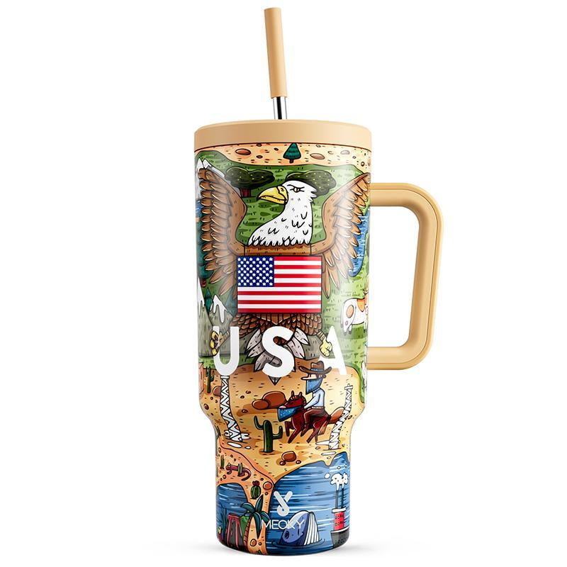 40Oz Patterned Straw Handle Cup, 1 Count Multi-Grid Ice Cube & Leak-Proof Cup Lid with Silicone Handle, Insulated Wide Mouth and Narrow Bottom for Easy Cleaning and Car Loading