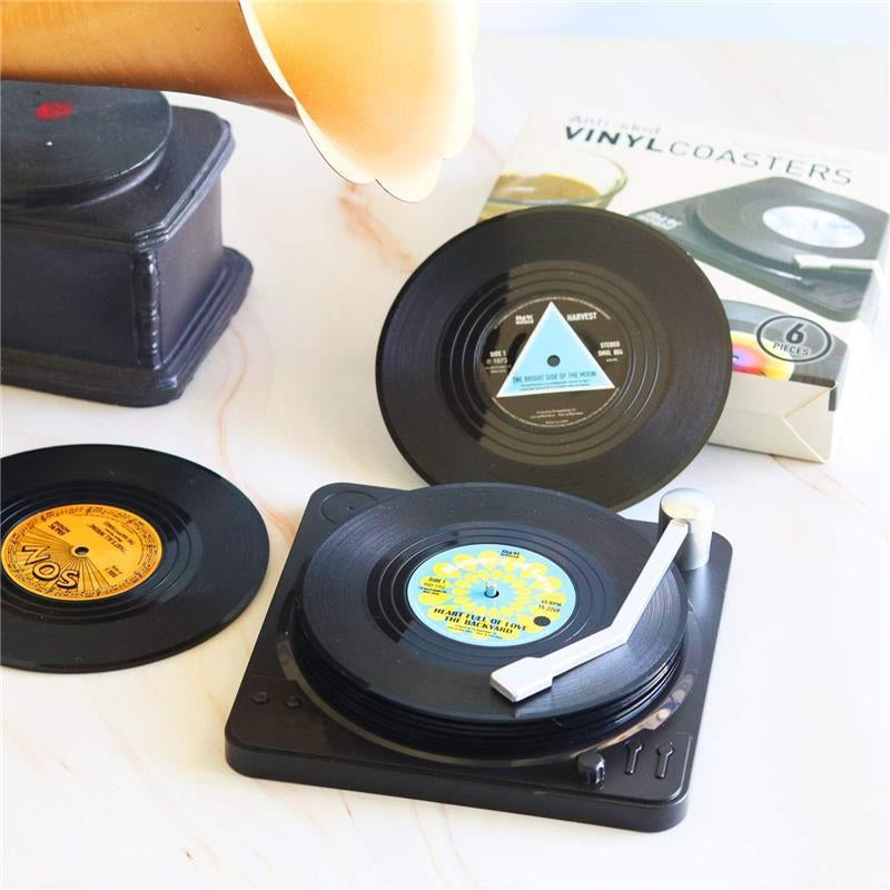 6Pcs Funny Retro Record Coasters for Drinks with Vinyl Player Holder for Music Lovers Stylish Tableware