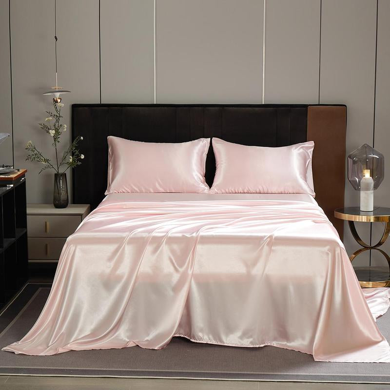 Solid Color Satin Bedding Set, 3/4 Counts Luxury Bedroom Microfiber Sheets Includes 1 Flat Sheet, 1 Fitted Sheet, and 1/2 Pillowcase without Filler, Room Accessories Soft Mattress Protector, Silky Fitted Sheet, Breathable Sheets, Bed Sets, Bedset