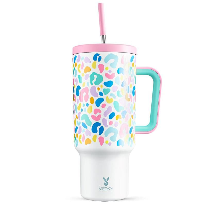 【Meoky】40Oz Classic Straw Handle Cup, Multi-Grid Ice Cube Mold, Leak-Proof Cup Lid, Silicone Handle, Non-Slip Noise Reduction Pad at the Bottom, Stainless Steel Thermos Cup, Wide Mouth and Narrow Bottom, Valentine'S Day Gift, Tumbler Cups