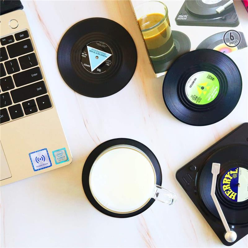 6Pcs Funny Retro Record Coasters for Drinks with Vinyl Player Holder for Music Lovers Stylish Tableware