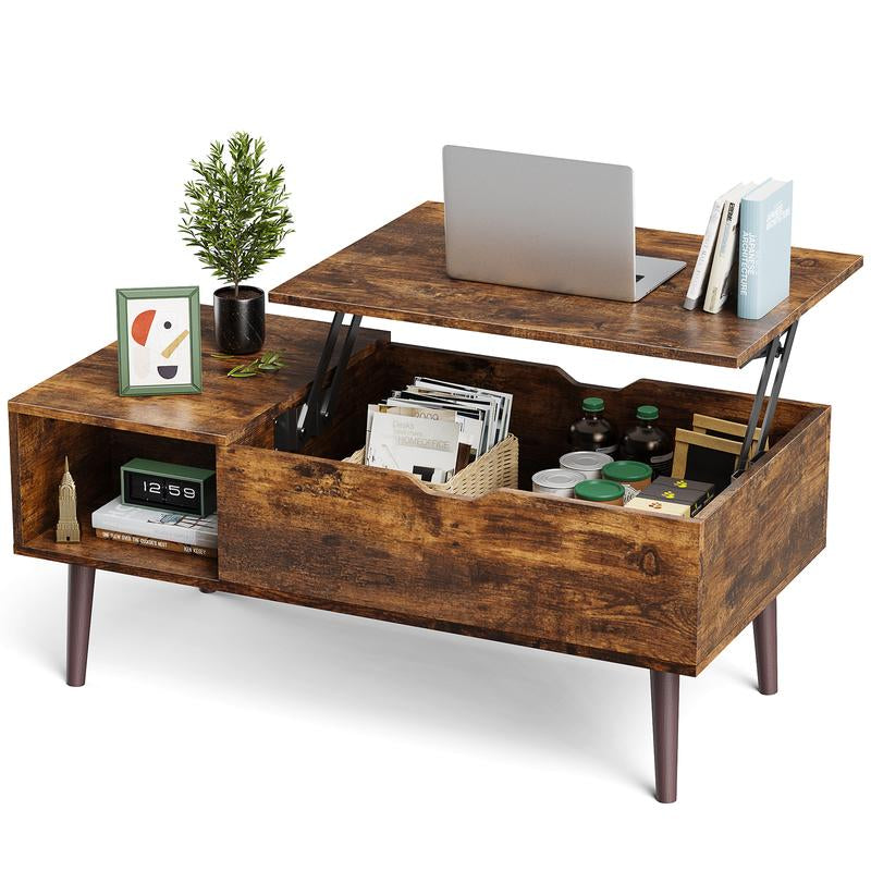 【Back to School】Sweetfurniture Fully Assembled Wooden Center Table, Fluted Lift Top Coffee Table with Hidden Compartment, Modern Lift Tabletop for Home Living Room Office