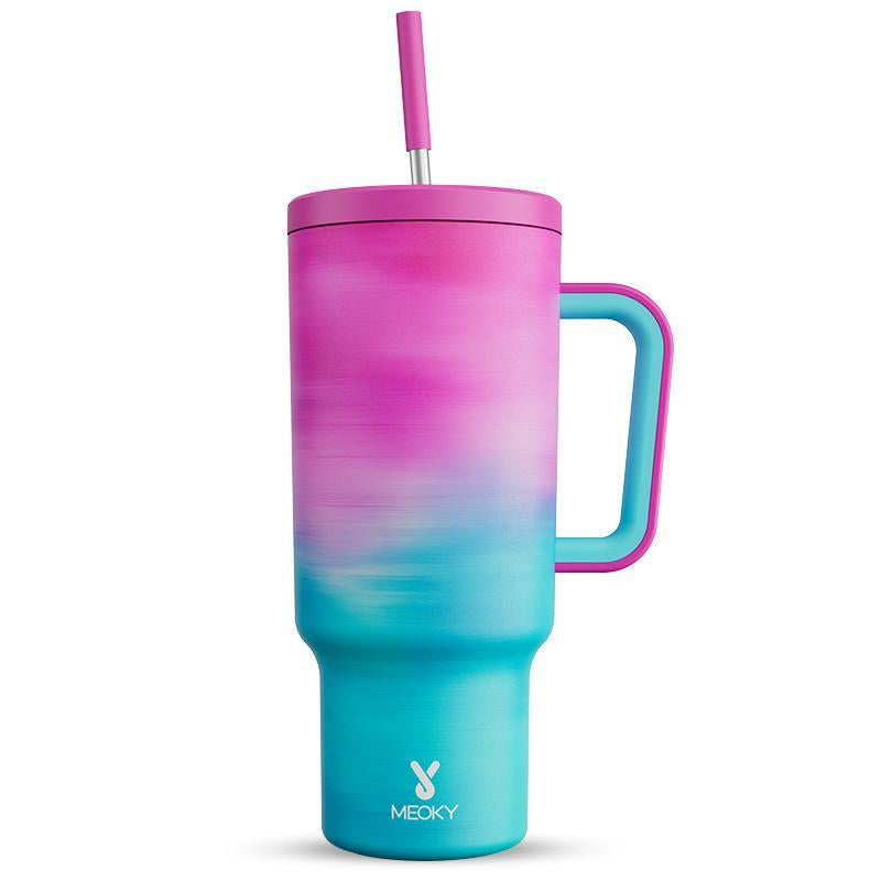 40Oz Patterned Straw Handle Cup, 1 Count Multi-Grid Ice Cube & Leak-Proof Cup Lid with Silicone Handle, Insulated Wide Mouth and Narrow Bottom for Easy Cleaning and Car Loading