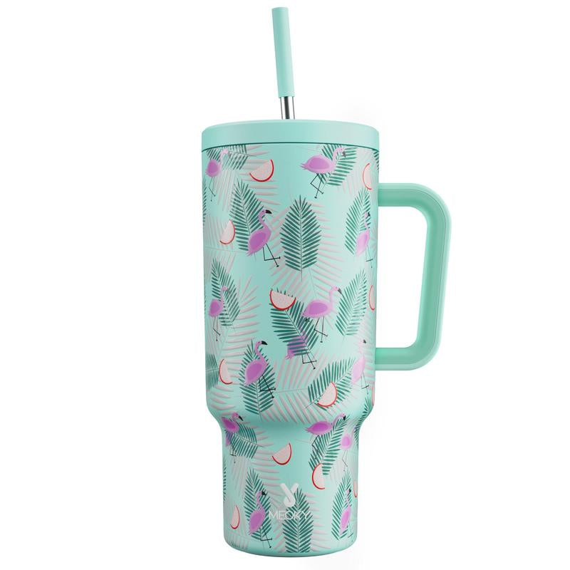 40Oz Patterned Straw Handle Cup, 1 Count Multi-Grid Ice Cube & Leak-Proof Cup Lid with Silicone Handle, Insulated Wide Mouth and Narrow Bottom for Easy Cleaning and Car Loading