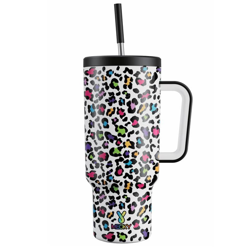 40Oz Patterned Straw Handle Cup, 1 Count Multi-Grid Ice Cube & Leak-Proof Cup Lid with Silicone Handle, Insulated Wide Mouth and Narrow Bottom for Easy Cleaning and Car Loading