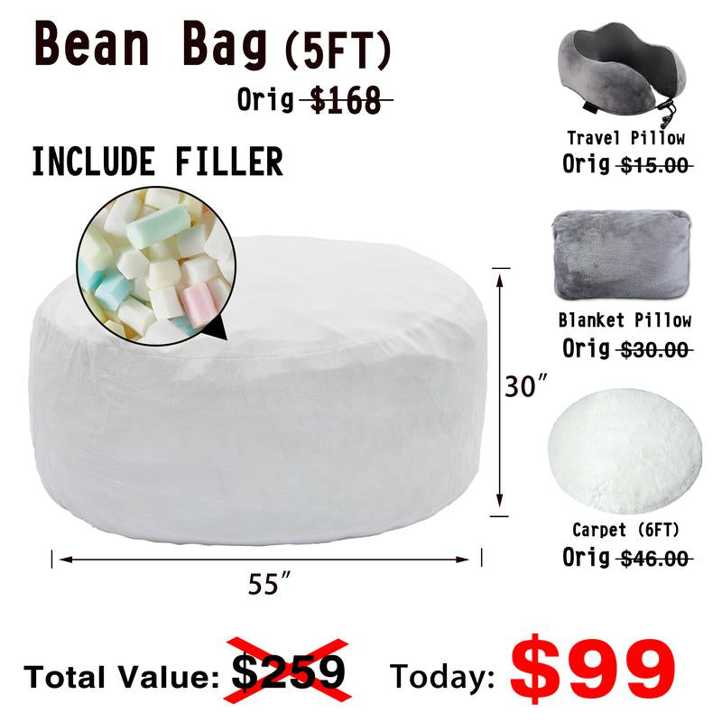 3Ft/4Ft/5'Ft/Jumbo(With Filler) Bean Bag Lazy Sofa Beanbag Chair Ship Free High-Rebound Memory Foam Furniture Flannel Cover Removable